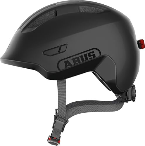 ABUS Kinderhelm Smiley 3.0 ACE LED - Fahrradhelm mit Licht - Tiefe Passform und Platz für einen Zopf - für Mädchen und Jungs - Schwarz, Größe S (45-50 cm)