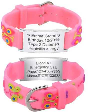 XUANPAI Notfallarmband Kinder SOS Armband : Personalisiert Medizinisches ID Armband Wasserdichtes Weiches Silikonband Angenehm Verstellbare Länge Cartoon Armband Namensarmband für Jungen Mädchen