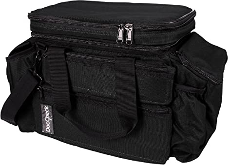 DocCheck Doc Pack Arzttasche – viel Platz, 3-Fach gegen Nässe versiegelt, Mit Ampullarium, Handytasche, Dokumententasche (A5), Front- und Seitentaschen, Schultergurt, 40x21x28 cm (Schwarz)