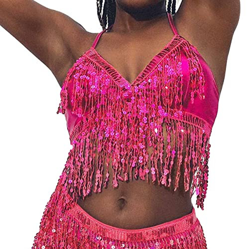 Top con paillettes, per salsa, danza del ventre, stile bohémien, con frange e nappe, adatto da 32A a 36B, Rosa, 36
