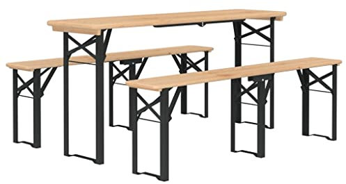vidaXL Biertisch Set Klappbar 3 TLG., Biergarten Set mit Metallgestell, Gartentisch mit 2 Bänke, Esstisch Terrassentisch Biertischgarnitur, Massivholz Tanne