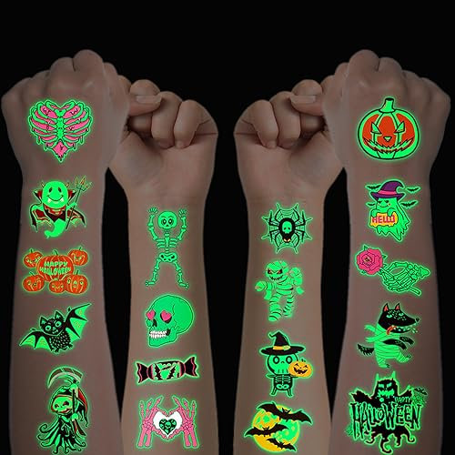 20 Blatt Halloween Leuchtende Tattoos Kinder, Leuchten im Dunkeln Halloween Muster Temporäre Tattoo, Kindergeburtstag Mitgebsel Halloween Deko Make-up Party Cosplay Kostüme Zubehör Jungen Mädchen