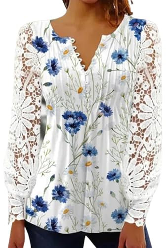 BISKAMY Tops for Women UK Elegant Ladies Tops Lace Patchwork Shirts Long Sleeve V Neck Blouse Plus Size Casual Loose T-Shirt, Blue Flower Large