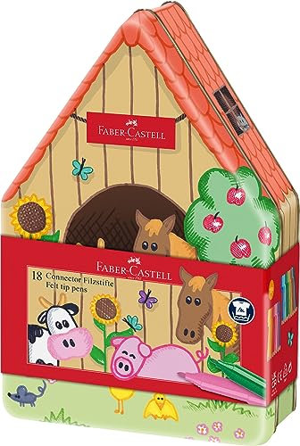 FABER-CASTELL 155539 - Filzstifte Set Connector Bauernhof, 18er Metallbox, auswaschbar, Malset für Kinder
