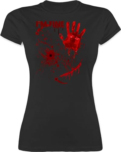 Shirt Damen - Halloween - Blutige Hände Blutspritzer Blut Blutflecken Gruselig Horror Killer - I'm Fine - XL - Schwarz - t halloweenshirt Haloween Outfits blutig t-Shirt blutverschmierter