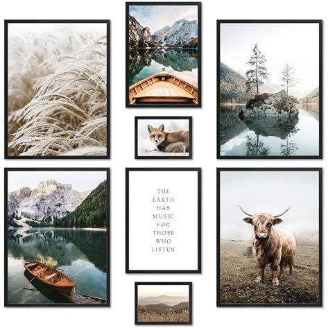 ARTFAVES® Poster Set - BEAUTIFUL EARTH - mehrteilige Wanddeko Wohnzimmer & Schlafzimmer - 8 moderne Wandbilder natur, Berge, See, Landschaft, Dolomiten, Boot, boho, Pampasgras - mit Rahmen Schwarz