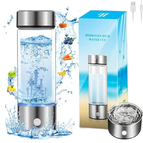uessegs Hydrogen Water Bottle, High Boron Double Layer Glass Health Mug with SPE PEM Technology, Portable USB Rechargeable Ionized Water Generator for Home, Travel and Office(Silver)