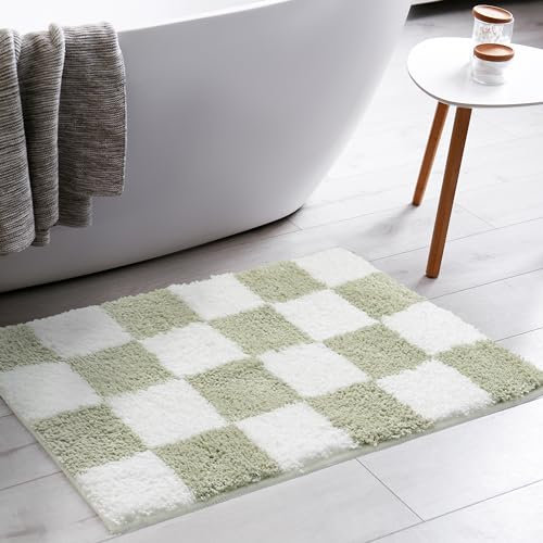 Tititex Luxuriöser Badezimmerteppich, kariertes Gittermuster, 61 x 91,4 cm, klassisches Schachbrett, extra weiche und saugfähige Mikrofaser-Badteppiche, rutschfester Plüsch-Badteppich für