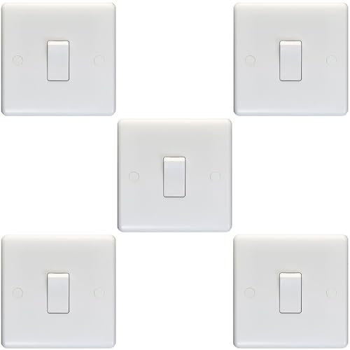 5 Pack 1 Gang Single 10A Light Switch 1 Way - White Plastic Wall Plate Rocker - Decorative Kitchen Living Room Bedroom Plate
