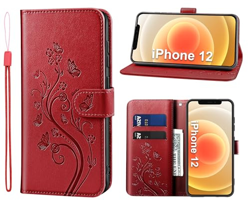 KRAFTCARE Lederhülle kompatibel mit iPhone 12 Hülle, Flip Wallet 12 Pro Handyhülle mit Kartenfach Ständer Premium PU Leder Klapphülle Schutzhülle für iPhone 12/12 ProRot