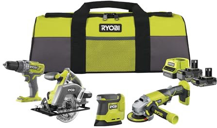 Ryobi RCK184O-242SZL, Kit Utensili da 4 pezzi, Trapano Avvitatore + Smerigliatrice Angolare + Levigatrice + Sega Circolare, 1 Batteria 4.0Ah e 1 Batteria 2.0Ah + Caricabatterie e Borsa Portautensili