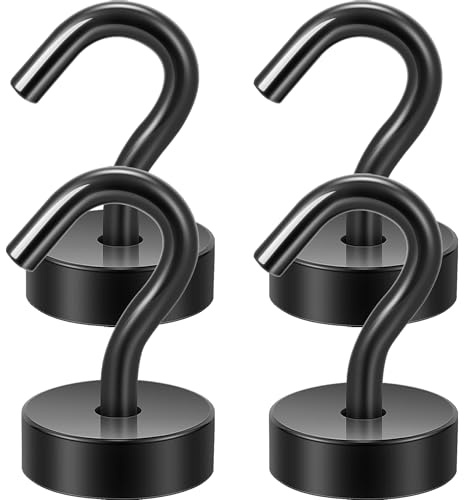 Neosmuk Magnethaken, 12kg Extra Starke Magnetische Haken für Camping, Werkstatt, Spind, Kleiderhaken mit Neodym Magnet für Outdoor und Kreuzfahrt Zubehör, Schwarz,4er-Pack