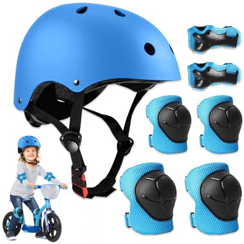 mizikuu Casco Bici Niño, 7 In 1 Set de Protecciónes Infantiles Adjustables Rodilleras Coderas y Muñequeras Almohadilla De Seguridad Protector para Patinar, Bicicleta, BMX, Monopatín, Aeropatín, Azul