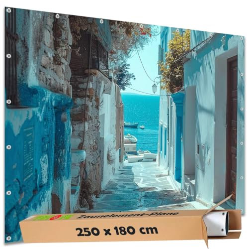 TRIOSK Sichtschutz Garten Deko Zaun Plane Blickdicht groß mit Zaunblende Motiv Griechenland Meer Gasse Blau für Zaunelement Doppelstabmatten Stabmattenzaun Gartenzaun PVC 250x180 cm