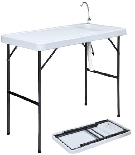 GOPLUS Mesa Plegable Camping, Mesa de Picnic Multifuncional con Fregadero, Grifo Giratorio 360° y Tubo de Drenaje, Fregadero Portátil para Acampada Pesca Barbacoa, Carga 200 kg