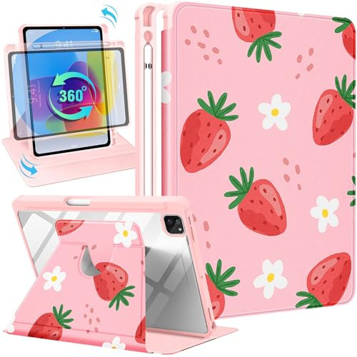 SurgeCraft for iPad Pro 12.9 Case 2022/2021/2020/2018, 360 Degree Rotating Stand with Pencil Holder for Women Girls Cute Folio Cover Kawaii Strawberry iPad Pro 12.9 6th/5th/4th/3th Gen Cases