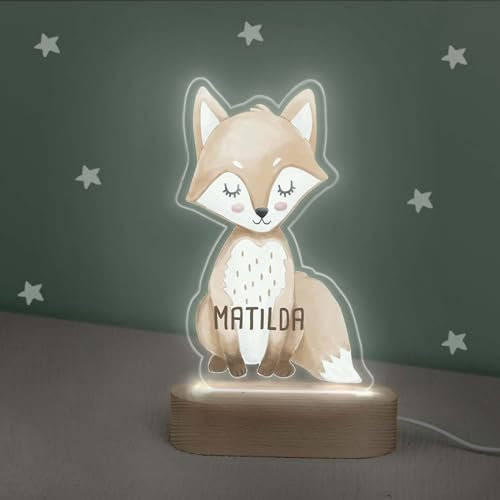 hellomini Personalisiertes Nachtlicht LED aus Acrylglas mit Holzsockel, Kinder Lampe mit USB Anschluss, Geschenk für Mädchen und Jungen, Schlummerlicht Wunschform, (Fuchs, ohne USB-Stecker)