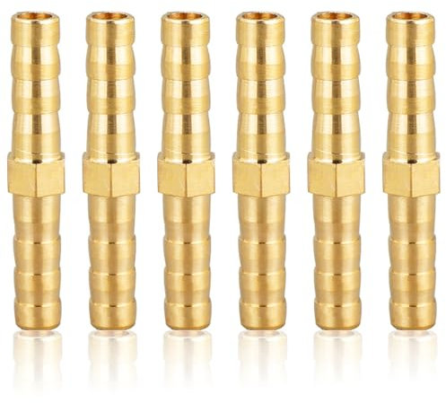 Schlauchverbinder 6mm Messing, 6 Stück Messing Schlauch Anschluss 6mm(1/4), gerader Widerhaken Verbinder Schlauchtülle Tüllenverbinder Gewindefitting Messingfittings