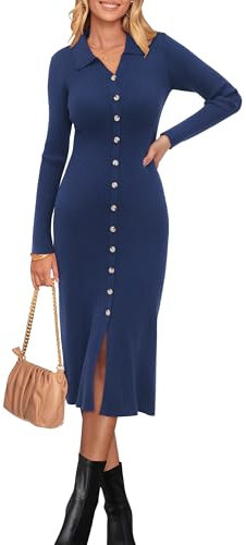Newshows Jumper Dress for Women UK V Neck Midi Dark Blue Jumper Dress Ladies Bodycon Knitted Dress Elegant Sweater Dress