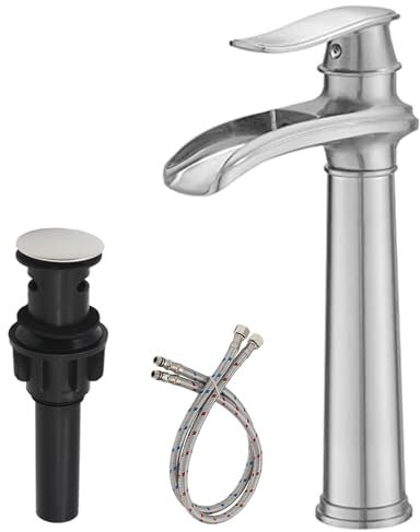 RUITHOE Badezimmer-Wasserhahn, gebürstetes Nickel, Wasserfall-Badezimmer-Wasserhahn, hoher Badezimmer-Wasserhahn, Einloch-Einhand-Hahn, Schüsselspüle mit Pop-Up-Ablauf-Kombi-Mischbatterie,