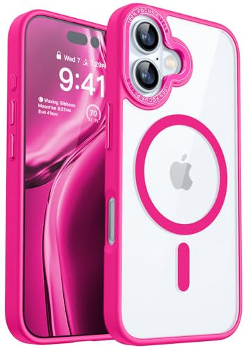 CANSHN Coque Magnétique pour iPhone 16 (6,1 Pouces),Compatible avec MagSafe, [Ne jaunit Pas] Transparente Housse de Protection Antichoc Téléphone,Rose Vif