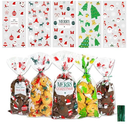 125 Kekstüten Weihnachten Plätzchentüten Cellophantüten Zellophantüten: Tüten zum Befüllen Süßigkeiten Tüten Geschenktüten Weihnachten für Weihnachten, 5 Designs mit 150 Twist Krawatten