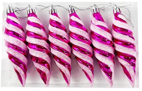 6Pcs 11CM Large Spiral Shaped Baubles Glitter Balls Christmas Tree Ornaments Decorated Hanging Baubles for Holiday Wedding Party Decoration, Rose Red