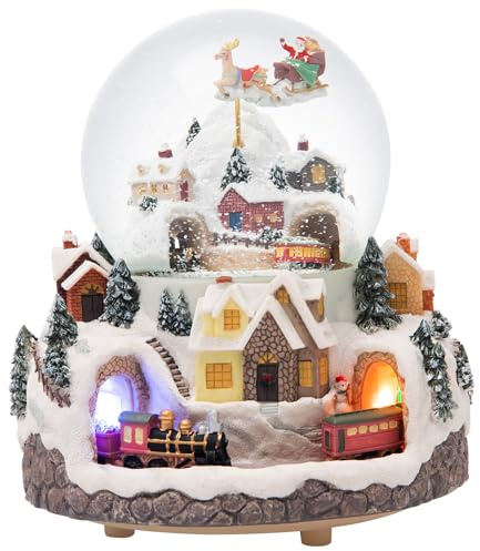Dreifach drehbare, beleuchtete Schneekugel mit Zug, musikalisches Dorf, Winterszene Fliegender Weihnachtsmann