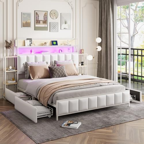Gegtuon Polsterbett Bettrahmen 160x200 mit LED-Beleuchtung, Doppelbett mit Stauraum Kopfteil Regal und 4 Schubladen, Bett mit Lattenrost aus Holz für Schlafzimmer, Kunstleder, Weiß, ohne Matratze