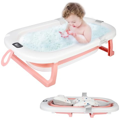 Bañera plegable para bebé con termómetro digital, bañera de bebé con alfombra de baño, bañera de viaje portátil para bebés y niños de 0 a 24 meses Newborn Essentials-80 x 50 x 23-rosa