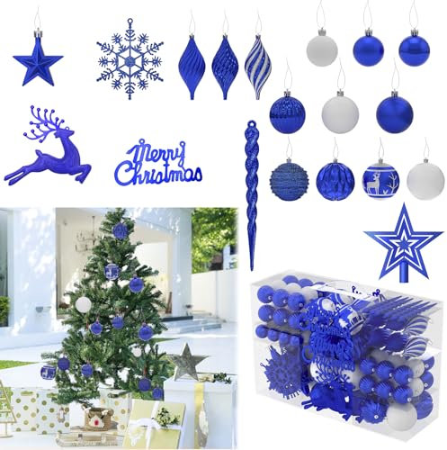 UISEBRT 108 Stück Weihnachtsbaumschmuck, Glitzerkugeln aus Kunststoff für Drinnen und Draußen, Weihnachtskugeln mit 4 Texturen, Lackiert, Matt Weiß, Matt und Glänzend, Weihnachtsbaumkugeln - Blau