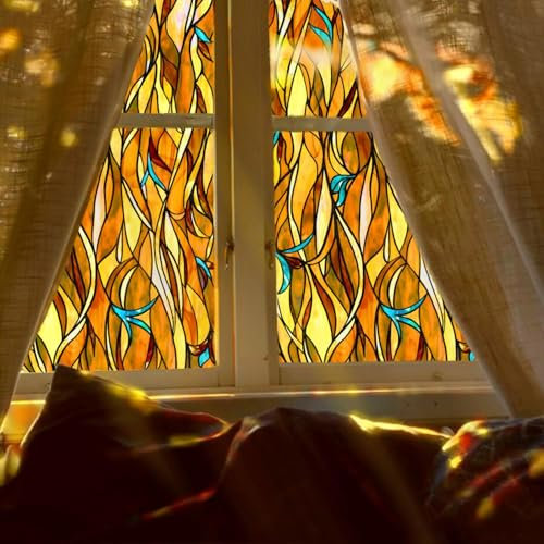 ChicSkin 40X200CM handgezeichnet Fensterfolie bunt, Wiederverwendbar Boho-farbige Blätter Statische fensterfolie, Folie für Fenster Wohnzimmer Schlafzimmer buntglas fensterfolie Fensterdekoration