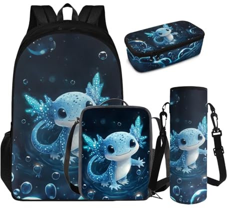TSOVTHRID Rucksack für Schule, Jungen, 4-in-1, leichte Büchertasche und Lunchbox-Set für Jungen, Teenager, Schultaschen für 8–9 Jahre, Blau Axolotl