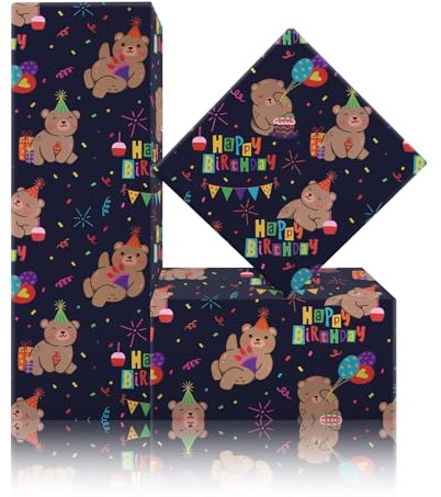 Geluode Geschenkpapier für Kinder, Mädchen, Jungen - Niedlicher Bär mit Geburtstagshut und Ballon - 4 Bögen, flach gefaltet, 50 x 70 cm