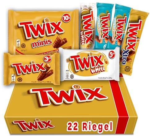 TWIX Fan-Box I Schokoriegel Mix-Box I 7 Packungen I 22 Riegel I 6 Sorten I 820g I White I Salted Caramel I Original Schokolade I Xtra I Minis