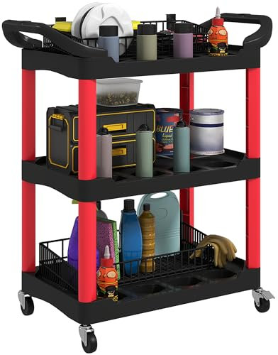 HOMCOM 3-Tier Rolling Tool Cart, Tool Trolley on Wheels, Plastic Mobile Service Utility Cart with Handles for Garage, Mechanics and Warehouse, 91kg Capacity, Black and Red