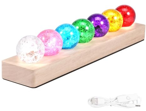 7 Farbige Kristallkugel Nachtlicht,40mm Eis Riss Kugeln mit LED-Holzsockel,360° Drehbar,Fantastische Sternkugel aus Farbigem Glas,Dekoration für Zuhause,Zimmer und Büro,Geschenk für Freunde,Lehrer(A)