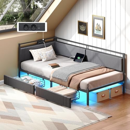 HOOBRO Polsterbett Schlafsofa 90x200, Jugendbett mit LED-Beleuchtung und USB-Ladestation, Tagesbett mit 2 Schubladen und Lattenrost, Gästebett, Einzelbett, Grau und Schwarz EBG81CDBF01