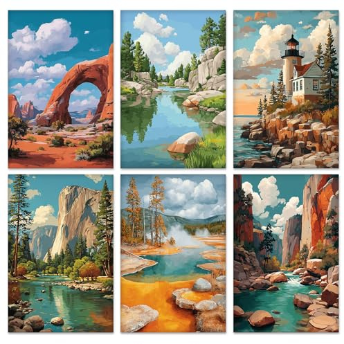 QENSPE Lot de 6 Kit Peinture par Numéros, Toiles Tendues Peinture Acrylique pour Adultes, Débutants et Étudiants, Fournitures pour Soirées Dessin, Paysage Naturel Parc National (20x30 cm)