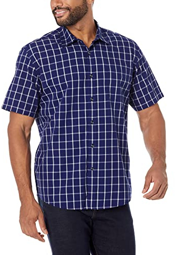 Amazon Essentials Men's Regular-Fit Short-Sleeve Poplin Shirt, Navy Windowpane, L