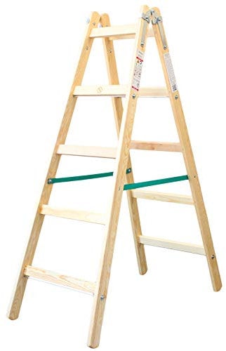 Holzleiter Premium 2x5 Stufen 150kg klappbare Malerleiter Klappleiter Doppelstufenleiter mit Eimerhaken