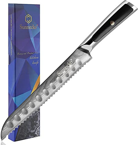 Sunnecko Cuchillo de Pan 20 cm Damasco Cuchillo de Cocina Professional Cuchillo Panero, Acero de Damasco Japonés VG-10 Mango ergonómico G10 -Serie élite