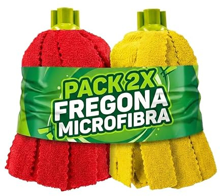 Pack 2 Fregonas Microfibra Alta Absorción Amarillo Rojo Limpieza Profunda Suelos Secado Rápido Lavable Máquina Resistente Antibacteriana Uso Diario Compatible Mangos Standard España Hogar Oficina