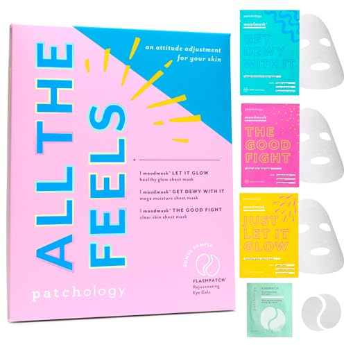 Patchology All the Feels Sheet Masks - Hydrating Face Masks for dry skin and blotchy redness. Facial Sheet Mask Skincare Treatment to reduce puffiness, redness and wrinkles (3 Piece Set)