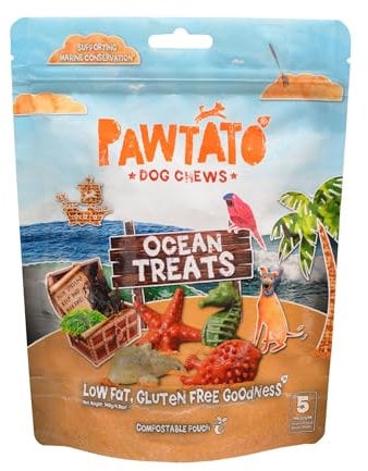 Pawtato Vegan Dog Chews Ocean Treats. Natural rawhide alternative vegan dog treats. Low fat, plant based, hypoallergenic, sweet potato, grain-free chews, Medium 140g