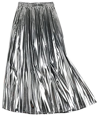SEMATOMALA Damen Gold Plissee Maxirock Akkordeon Elastische Taille Aline Swing Metallic Glänzend Lange Party Röcke, silber, Einheitsgröße