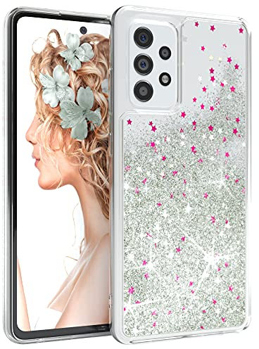 EAZY CASE Hülle kompatibel mit Samsung Galaxy A52 / A52 (5G) / A52s (5G) Schutzhülle mit Flüssig-Glitzer, Handyhülle, Back Cover mit Glitter Flüssigkeit, TPU/Silikon, Transparent/Durchsichtig, Silber