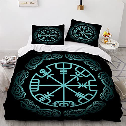 Viking Bettwäsche 135x200cm 3D Drucken Rune Kompass Skandinavien Bettbezug Set Weich Microfaser Bettbezug Mit Reißverschluss für Kinder Jungen Mädchen Erwachsener 3 Teilig Hypoallergen Bettwaren