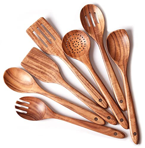 Gudamaye 13 inch Long Wooden Utensils for Cooking, Long Handle Wooden Spoons for Cooking, 7 PCES Crafting Wooden Spoon Set, Wooden Kitchen Utensil set, Natural Teak Wooden utensil Set