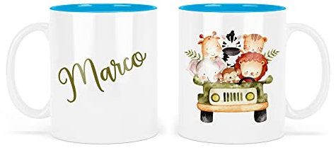 Tazza di plastica infrangibile personalizzata con nome per scuola e asilo a tema animali leone ippopotamo tigre zebra giraffa elefante scimmia
